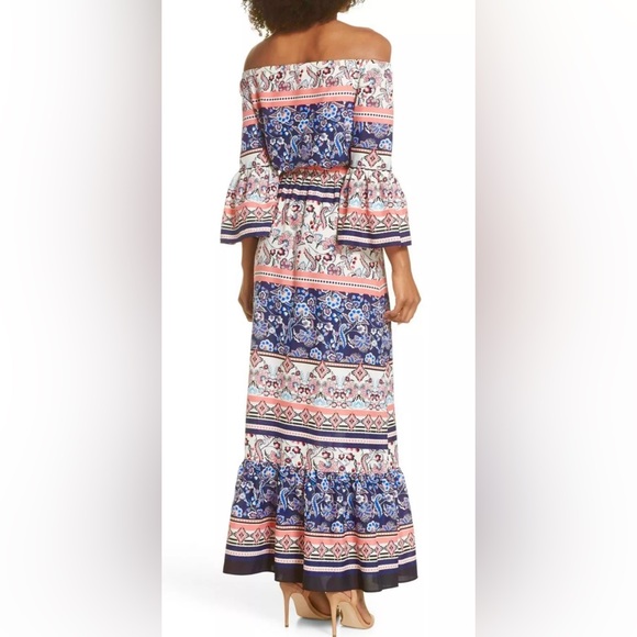 Eliza J Off Shoulder 1/2 Bell Sleeves Floral Paisley Maxi Dress w Tie Waist - Picture 8 of 9